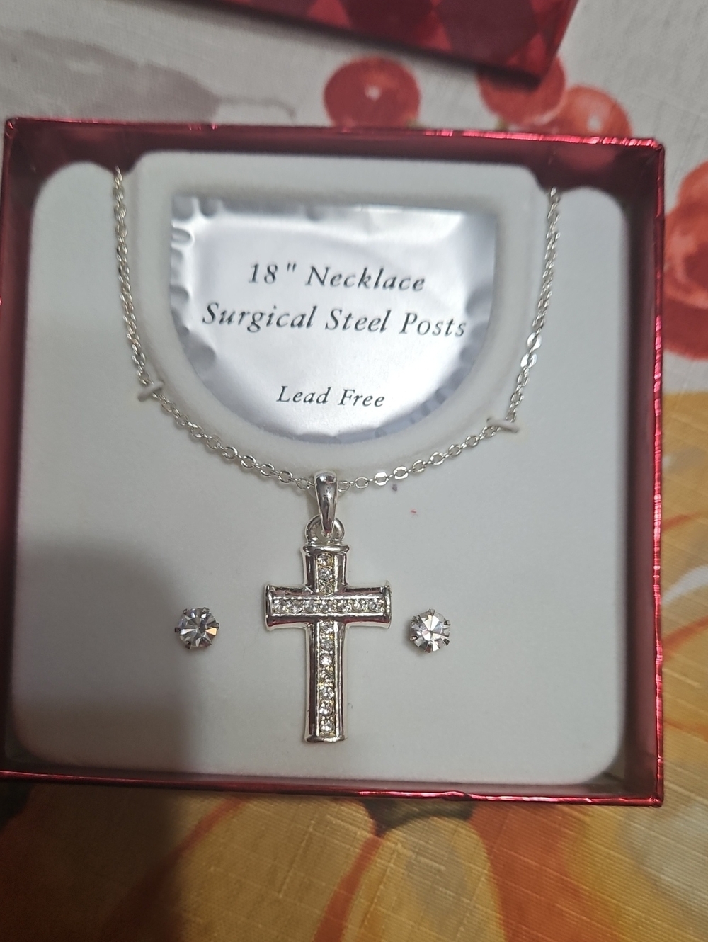Sterling-Tone Cross Necklace and Stud Earrings Set - Silver